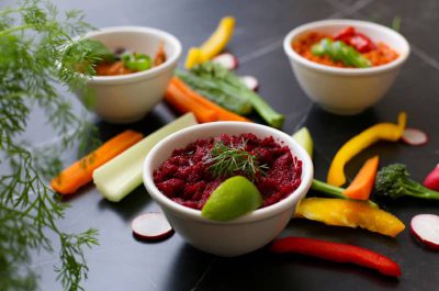 Beet and lime hummus with vegetables