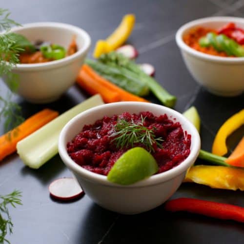 Beet and lime hummus with vegetables