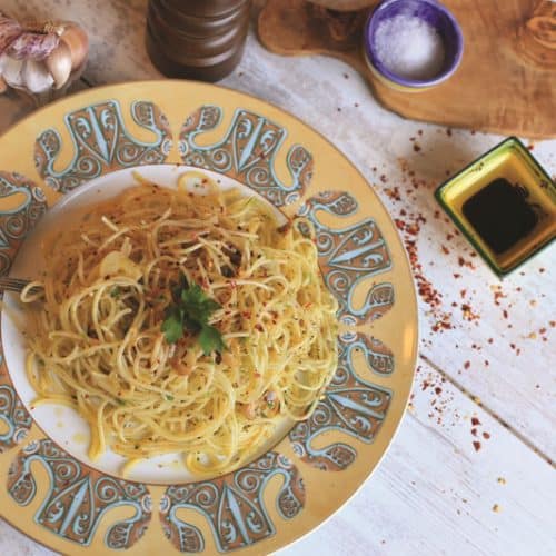 Spaghetti with Garlic Oil on a plate