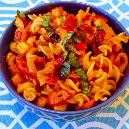 Summer peach pasta in a bowl