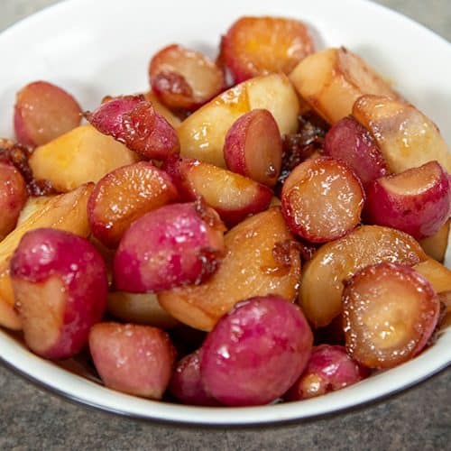 Sweet Glazed Turnips & Radishes in a bowl