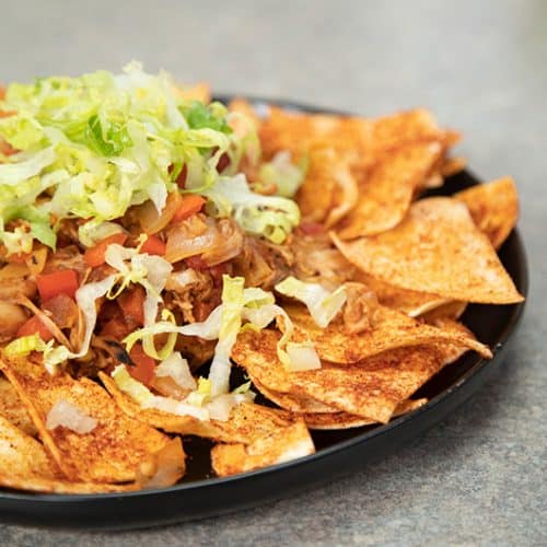 Tex-Mex Jackfruit Nachos on plate