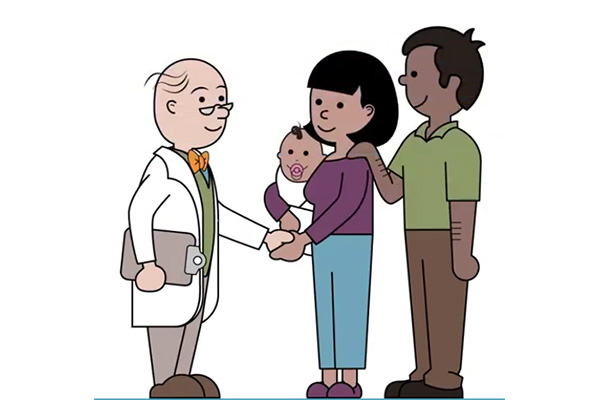 Illustration of doctor shaking hands with parents holding a baby